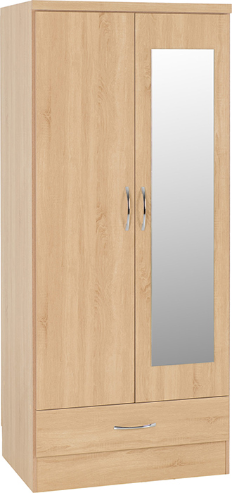 Nevada Mirrored 2 Door 1 Drawer Wardrobe In Sonoma Oak Effect